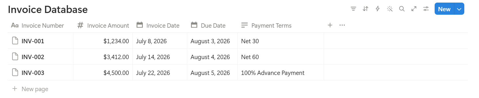 Notion Database example showing an Invoice Database with columns for Invoice Number, Invoice Amount, Invoice Date, Due Date and Payment Terms with sample entries