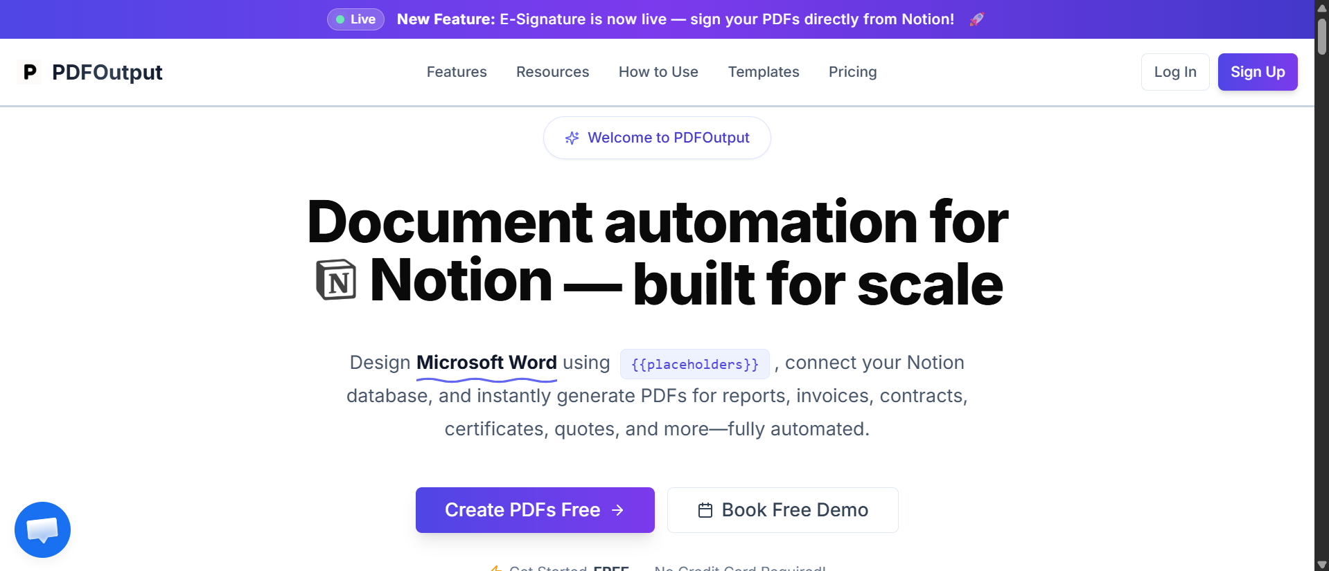 PDFOutput homepage showing document automation platform for Notion