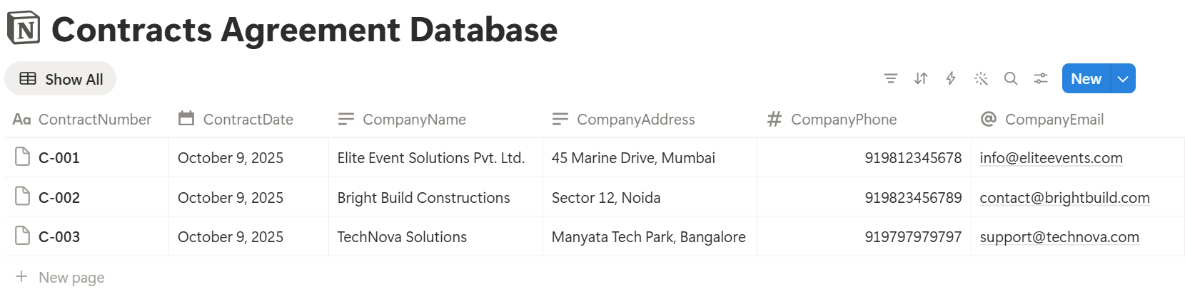 Contracts Agreement Database in Notion with sample contract records and properties