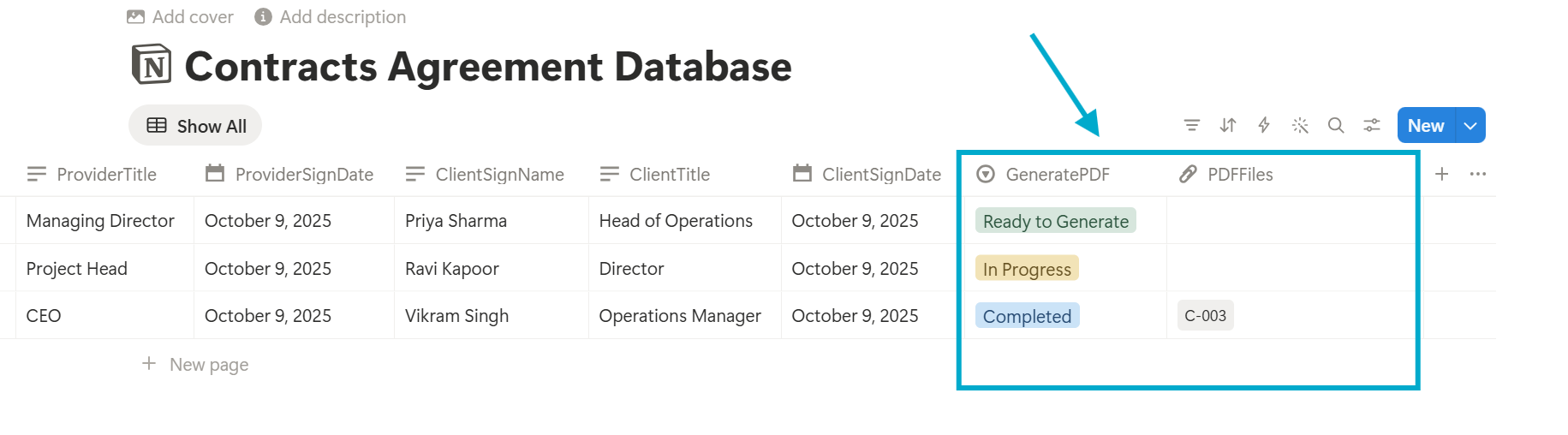 Notion Database showing GeneratePDF property with Ready to Generate, In Progress, and Completed statuses