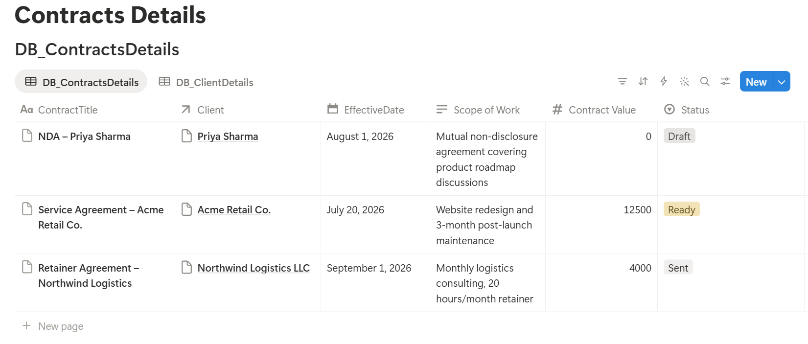 Contracts Details Notion Database with contract records