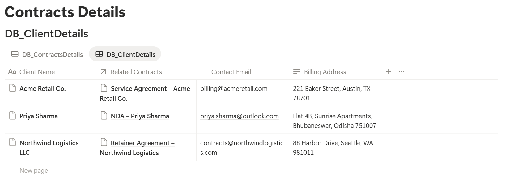 Client Details Notion Database with client information