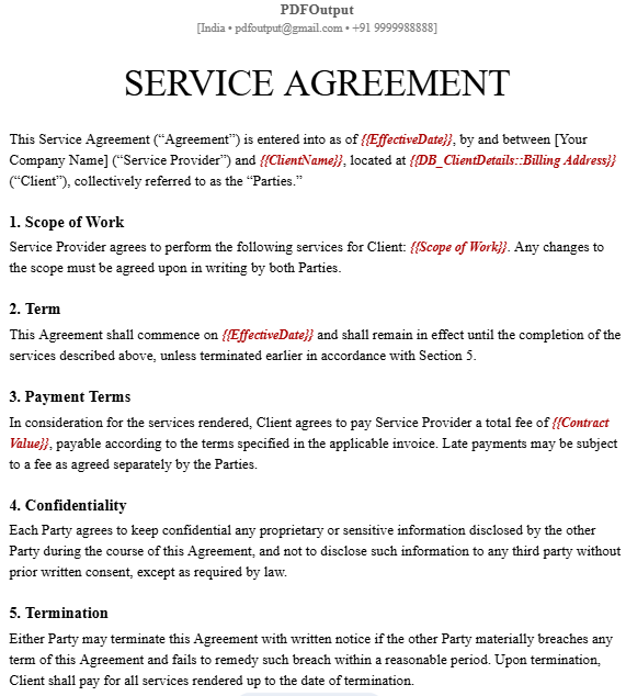 Sample Service Agreement Contracts Template with placeholders