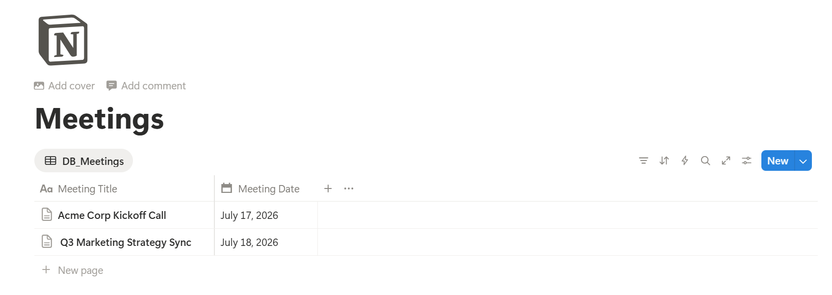 Sample Meetings Notion Database with Meeting Notes