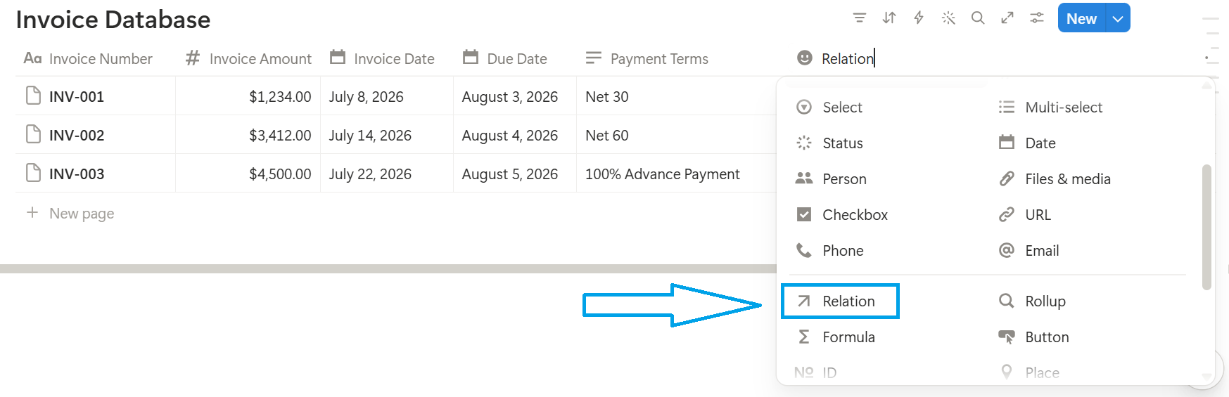 Invoice Database in Notion showing property types with Relation property highlighted