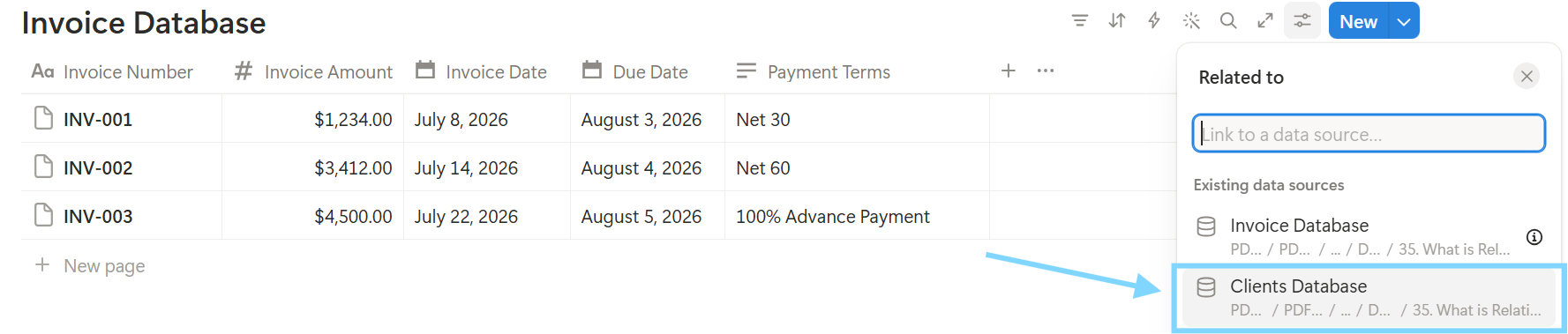 Linking the Relation property to the Clients Database in Notion using the Related to panel