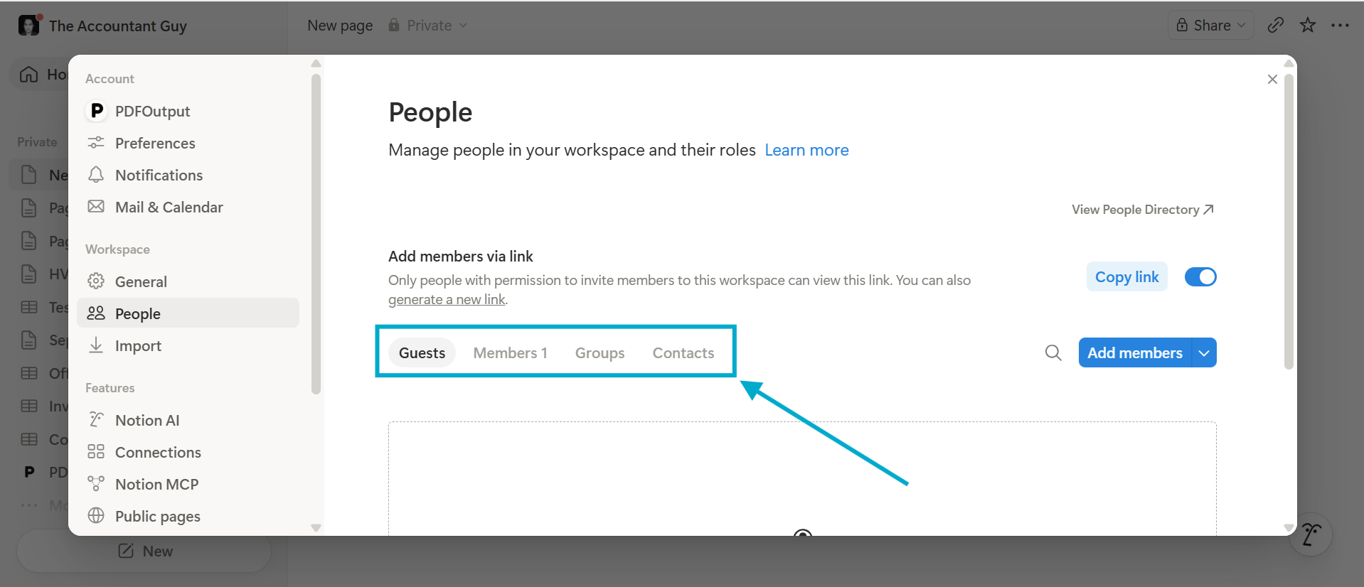 Notion People Settings - Manage workspace members, guests, groups and contacts with role assignments